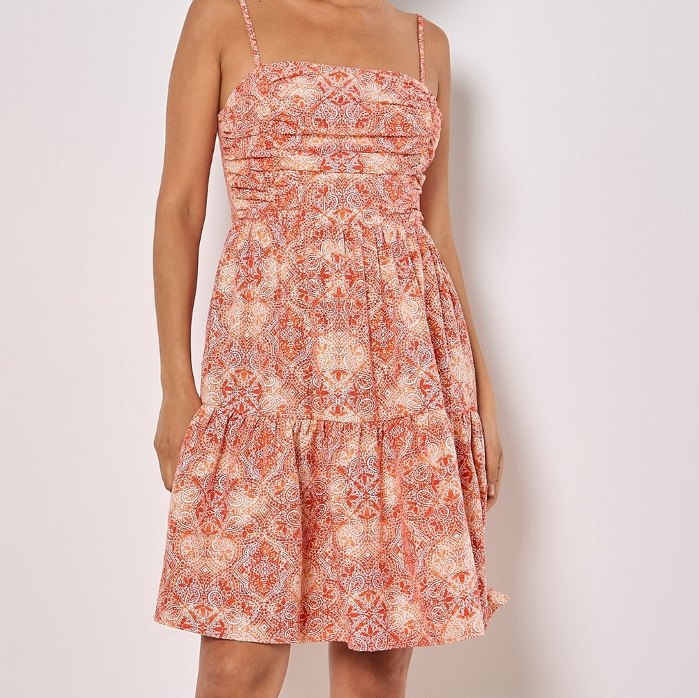 Smocked Bodice Scarf Print Dress